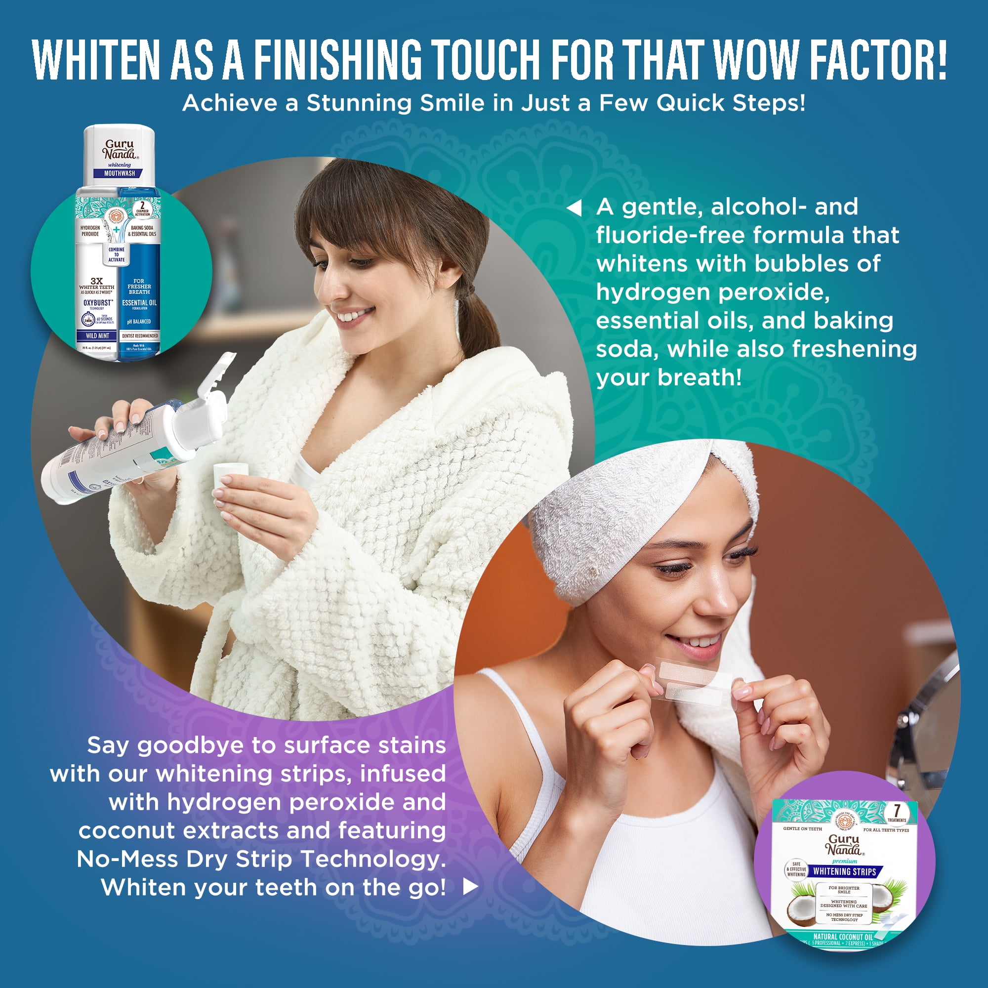 GuruNanda 7-Step Regimen 2.0 Oil Pulling, Alcohol-Free & Fluoride-Free Mouthwash, Whitening Strips, Toothpaste for Complete Oral Hygiene