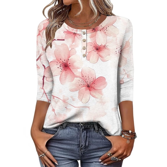 Jsaierl 3/4 Length Sleeve Womens Tops Summer Button Up Round Neck Shirts Boho Print Petite Blouses Going Out Holiday Tunic Top S-2XL