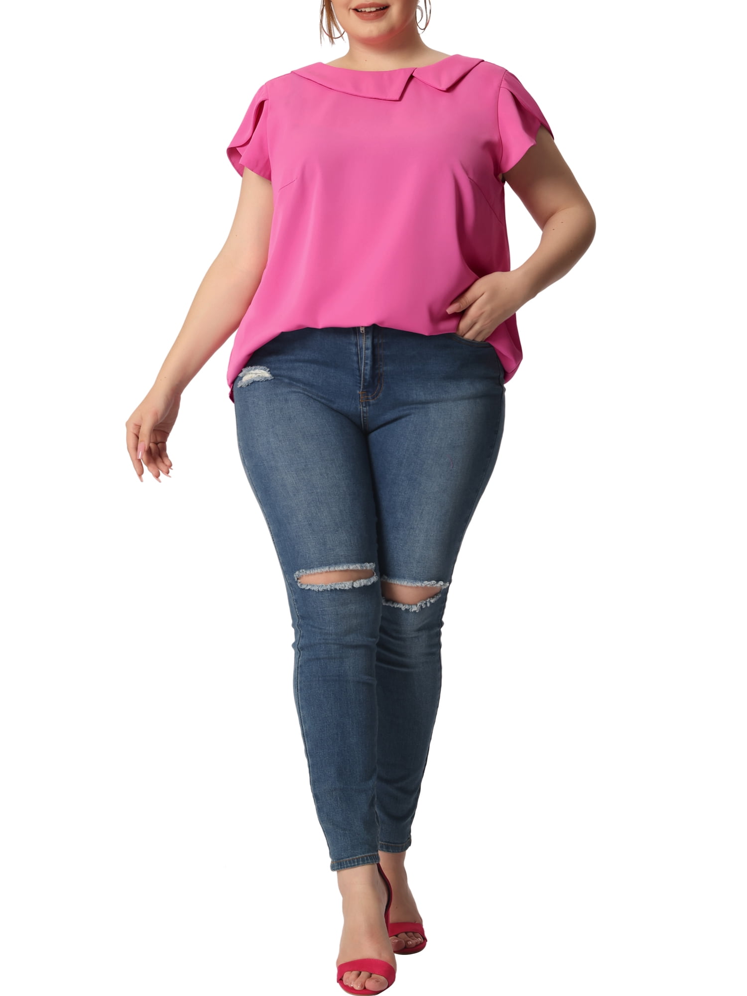 Unique Bargains Women's Plus Size Boat Neck Flutter Sleeve Chiffon Solid Top