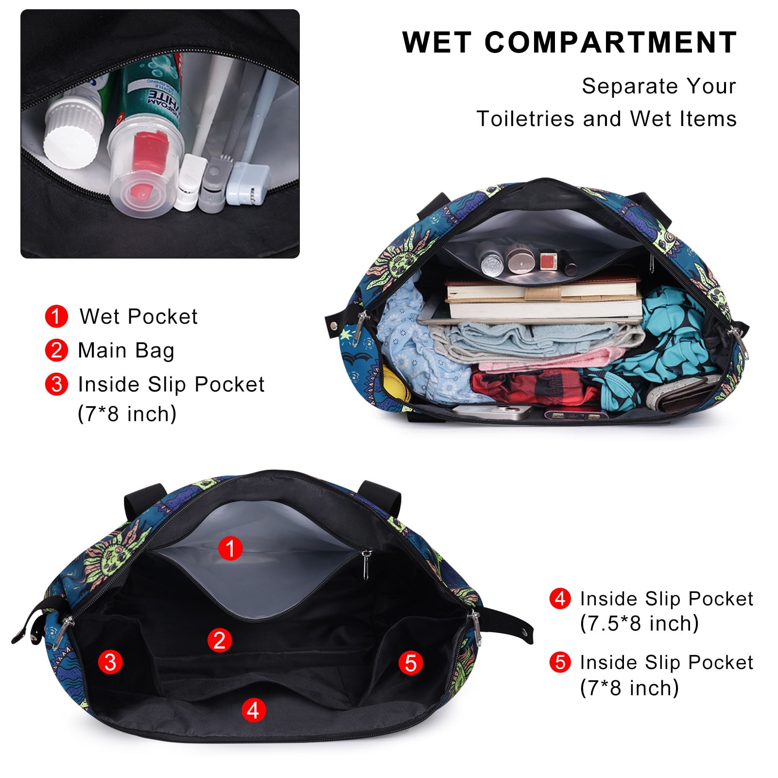 HAWEE Expandable Duffel Bag for Women with Trolley Sleeve and Wet Pocket Water Repellent Weekender Travel Tote Large Capacity Carry On Overnight Luggage for Gym/ Trip/ Camping/ Beach, Sun and Moon