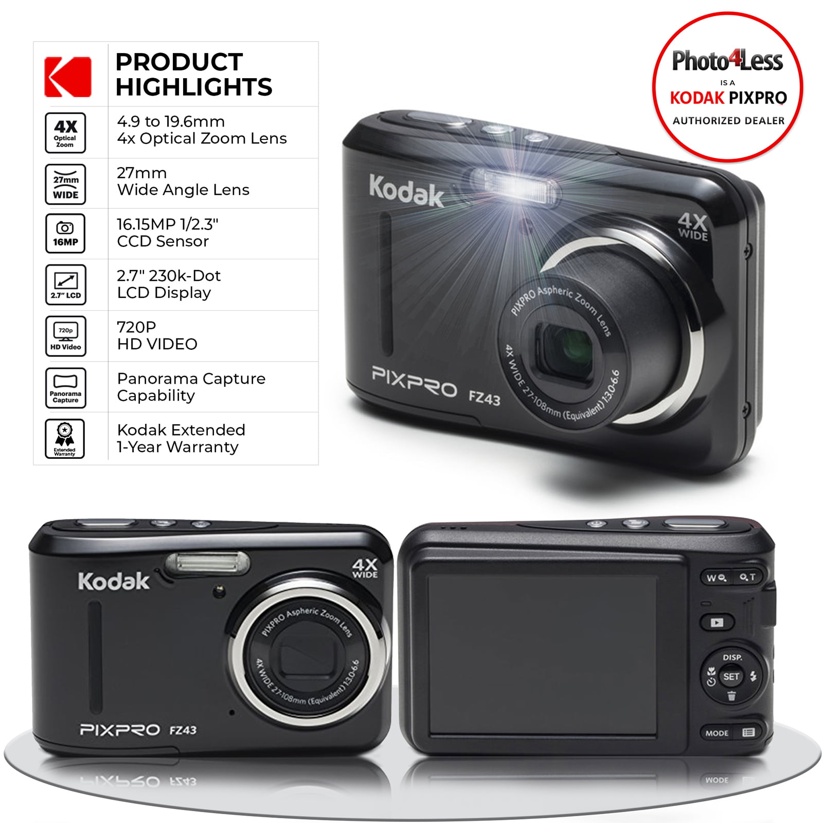  Kodak PIXPRO Friendly Zoom FZ43-BK 16MP Digital Camera with 4X  Optical Zoom and 2.7 LCD Screen (Black) : Electronics