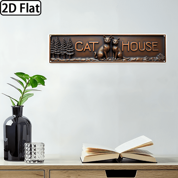 2D Flat, 1pc Cat House Metal Wall Sign 4 x 16 inch for Pet Room Garden Porch Home Decor, Decorative Signs & Plaques
