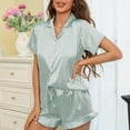thumbnail image 4 of Yourumao Womens Satin Pajama Set Two Piece Short Sleeve Button Down Shirts and Ruffle Hem Shorts Striped Silky Pajama Sets for Loungewear, 4 of 8