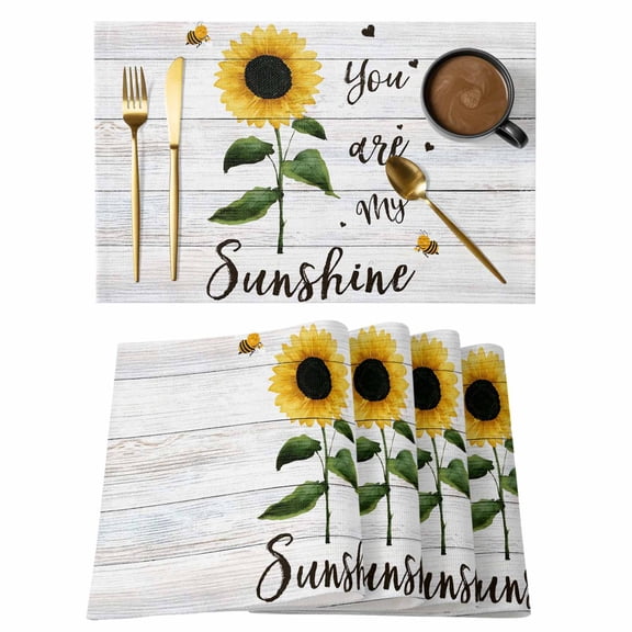 Sunflowers Placemats Set of 4, Farmhouse Retro Pastoral Floral Wooden Grain Placemats for Dining Table, Place Mats for Kitchen Tabletop, Waterproof Wipeable Dining Table Mats Set