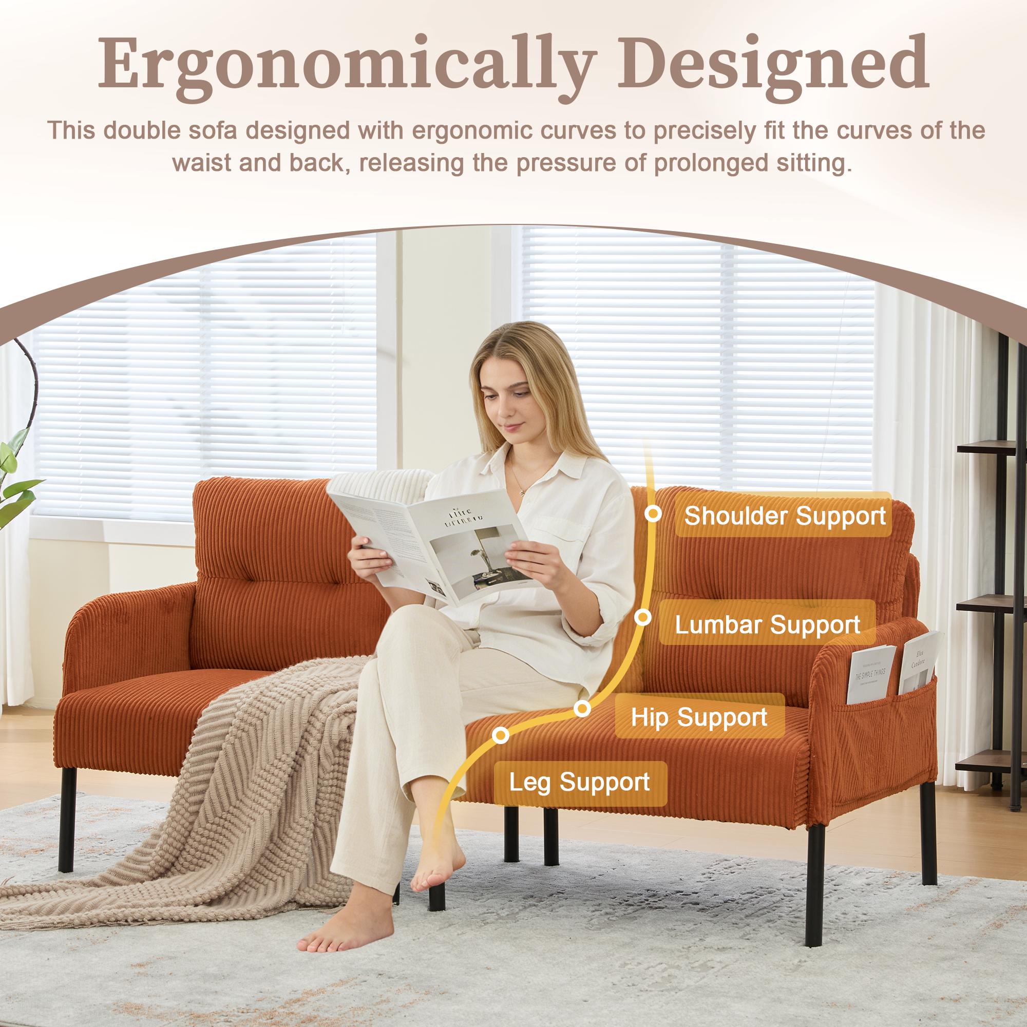 Loveseat, Small Sofa, Couch, Oversized Corduroy 2-Seater Sofa with Side Storage Pockets and Sturdy Metal Legs for Apartment, Dorm or Living Room, Orange