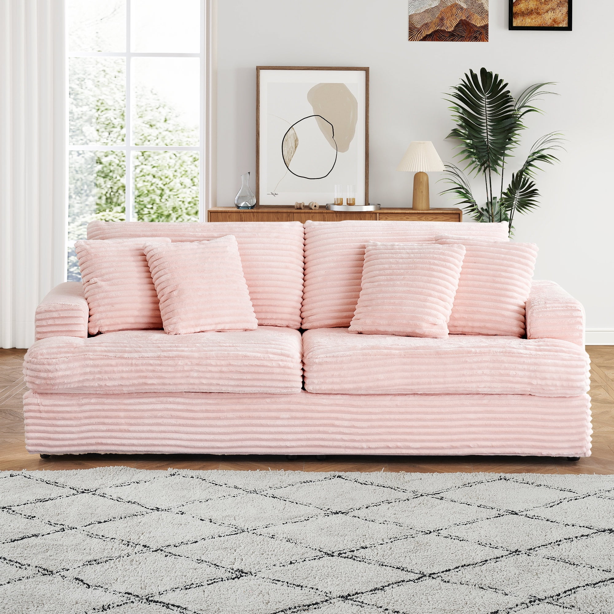 Dinosisco Corduroy Loveseat Sofa, Upholstered 3-Seater Sleeper Couch for Living Room, Pink