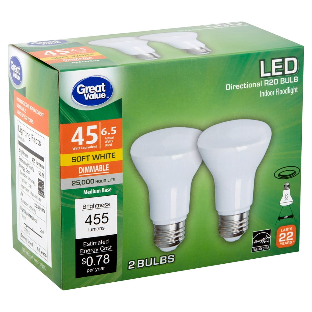Great Value LED Light Bulb 6.5 Watts Directional R20 Soft White Medium