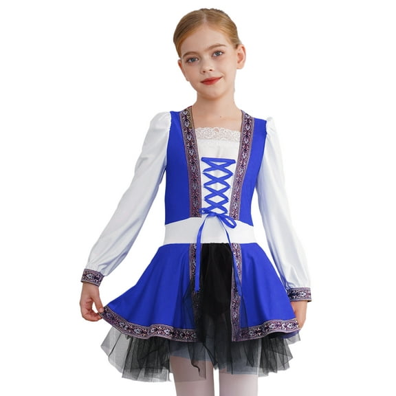 Aislor Girls Renaissance Medieval Long Sleeve Lace-up Tutu Dress Leotard Halloween Costume Blue 16
