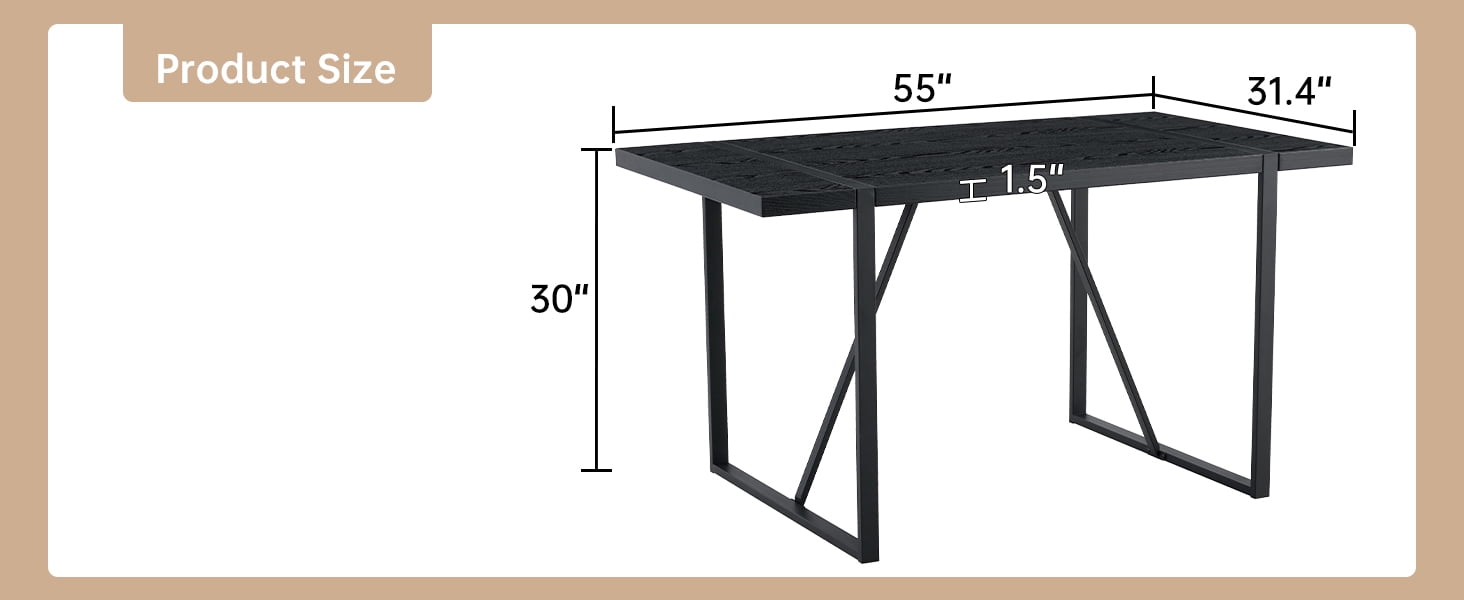 Mintazer 55 Inch Modern Black Wood Grain Rectangular Dining Table with Sturdy Metal Frame, Minimalist Kitchen Table for 4-6 People, Black