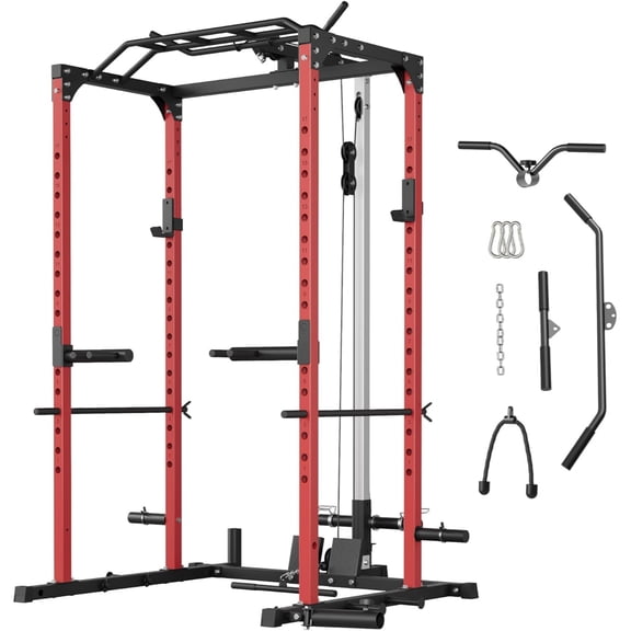 GARVEE Power Rack Cage,1200lbs Weight Rack with LAT Pulldown & Low Row,Multi-Function Squat Rack with More Training Attachment