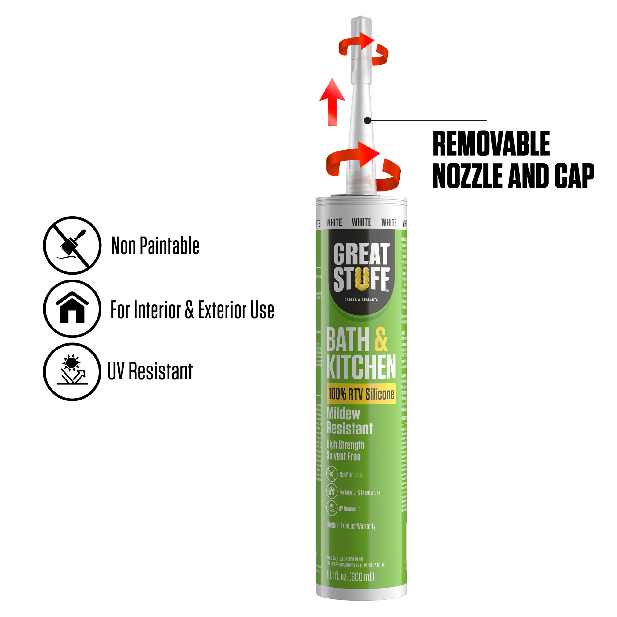Great Stuff 100% Silicone Caulk - White RTV Silicone Sealant for Bathroom and Kitchen, Shower, Tub, Bathtub, Countertop, Backsplash, Sink Caulking 10.1 oz