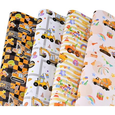 Construction Birthday Wrapping Paper, 6 Large Sheets Tractor & Truck Wrapping Paper for Boys, 39.4 X 27.6 Inches Per Sheet(Construction Birthday)
