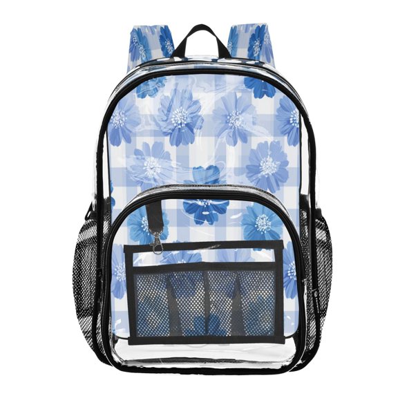 Clear PVC Backpack 12L Transparent Shoulder Bag with Mesh Pockets Beautiful Blue Gardenias
