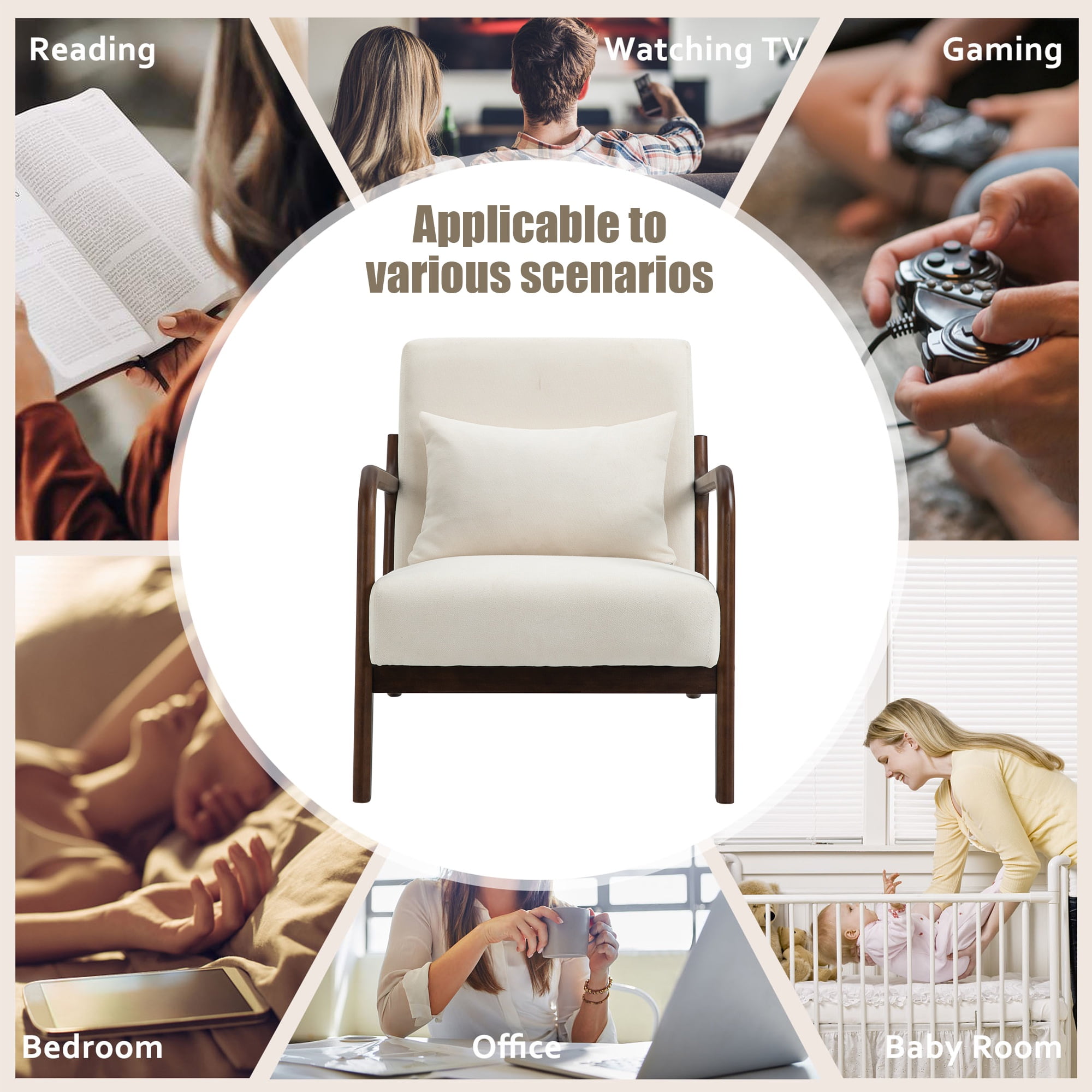 PAPROOS Mid-Century Modern Accent Chair, Velvet Fabric Arm Chair with Wood Frame and Pillow, Upholstered Armchair Comfort Reading Chair Lounge Chair for Living Room Bedroom Sunroom, Beige