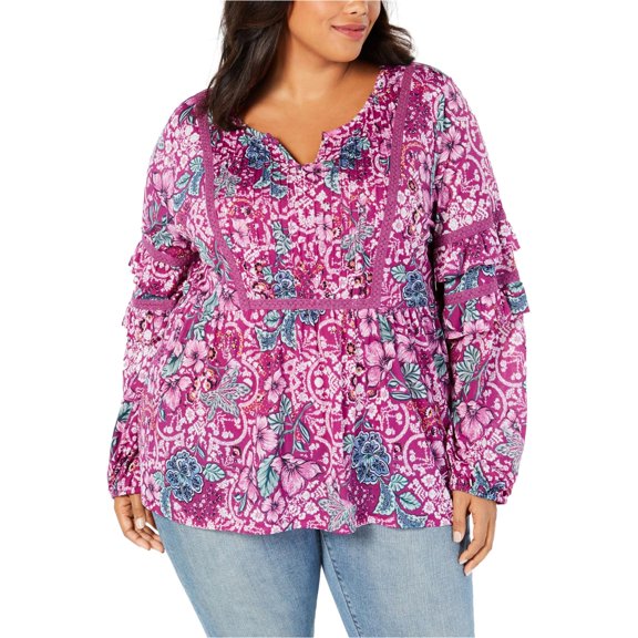 Style & Co. Womens Floral Ruffle Sleeve Baby Doll Blouse, Purple, Plus Size, 0X
