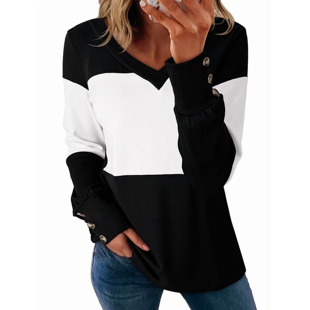 Blusas Elegantes e Informales para Mujer, con Bloques de Color, de Larga y Cuello en V, para Otoño. Negro XXL