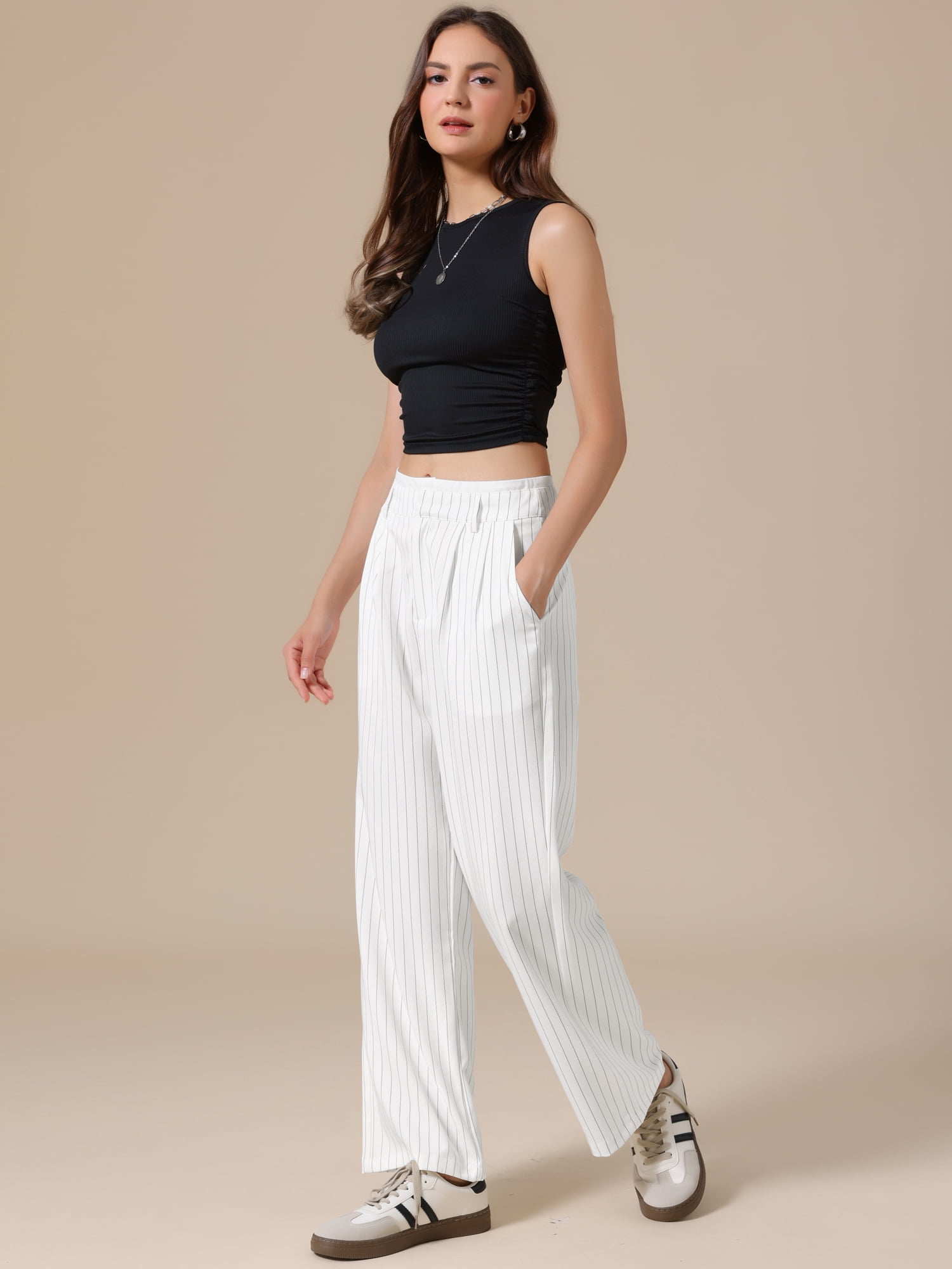 DARING DIVA Women's Striped Wide Leg Casual Work Long Pants Small White