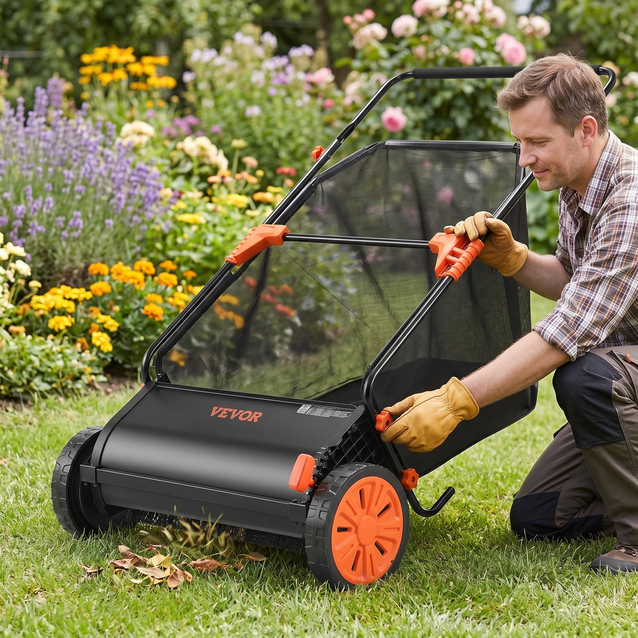 NOBOLEA 26" Push Lawn Sweeper, 7 Cu Ft Leaf & Grass Collector with Adjustable Brushes, Heavy Duty Yard Sweeper with Rubber Wheels for Outdoor Lawn Cleanup