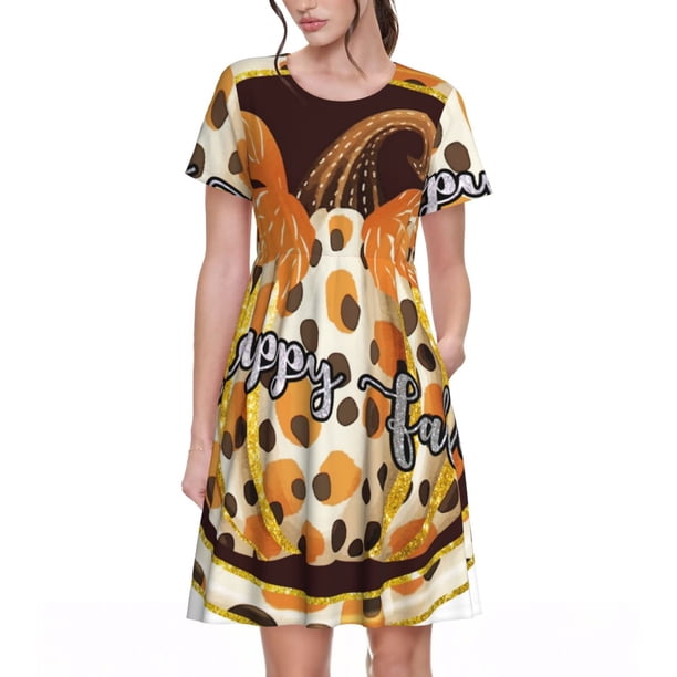 Easygdp Fall Farmhouse Pumpkins para Vestido Transpirable de Mujer, Vestido Suelto de Manga Corta con Pliegues y Bolsillos para el Verano