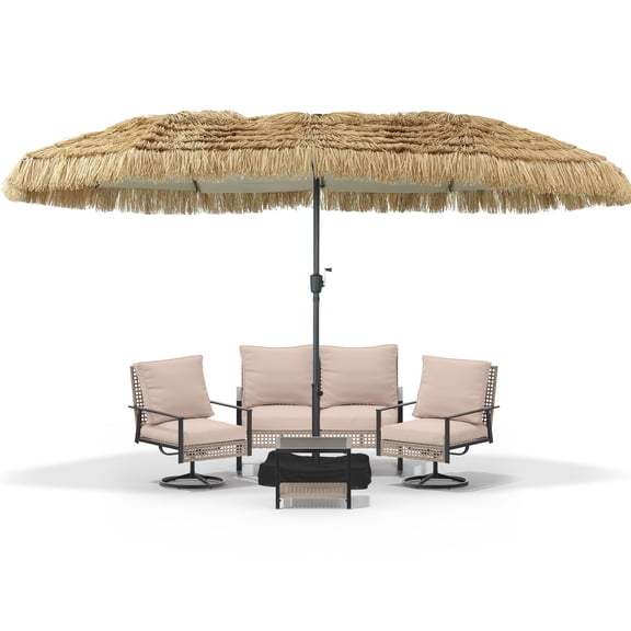 Autlaycil 6 pcs Patio Furniture Set, 15ft Tiki Patio Umbrella and Base, Beige Wicker Rattan Rocker Loveseat, Swivel Rocking Chairs, Coffee Table