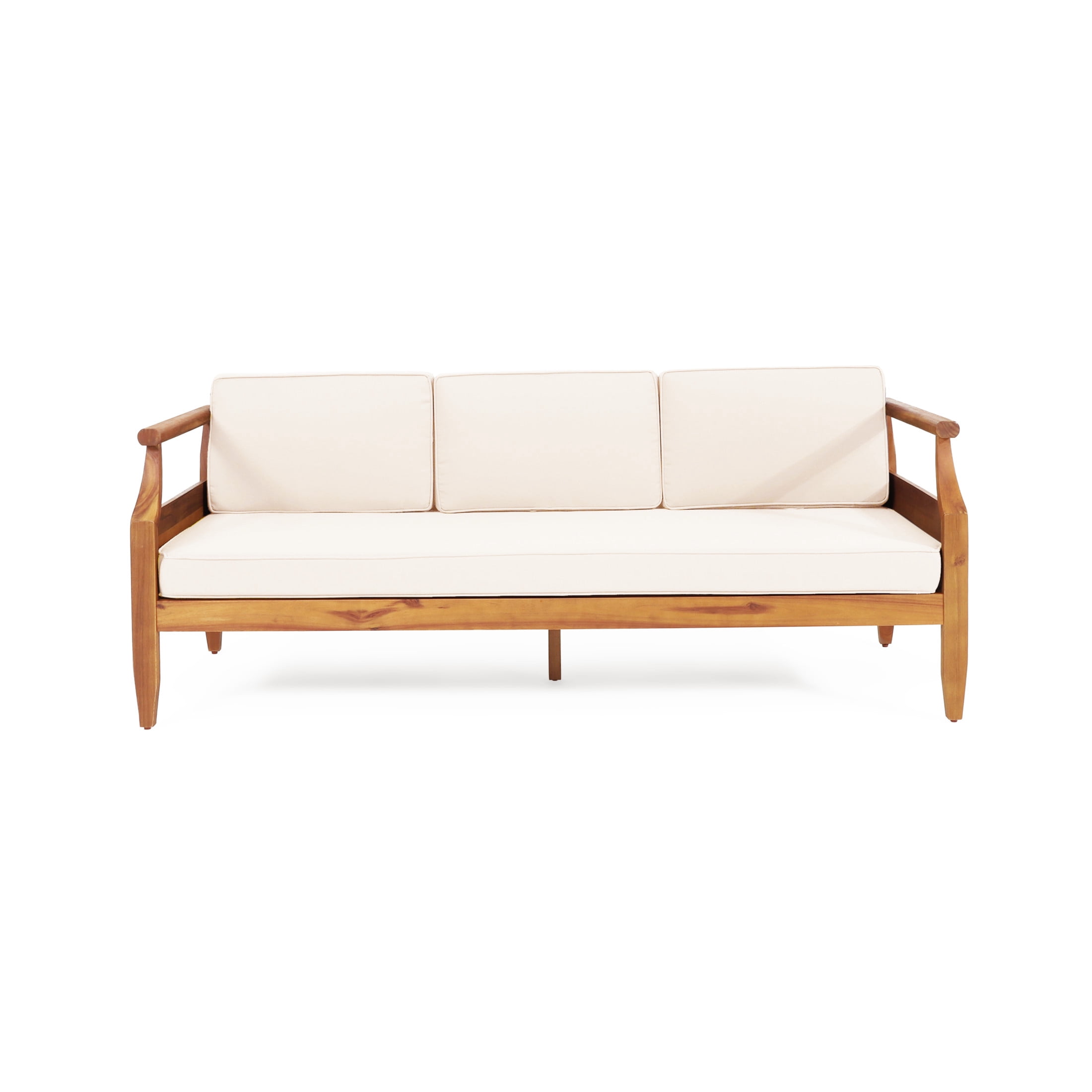 Edwin Mid-Century Modern Outdoor Patio Acacia Wood Sofa, Slat Design with Cushions, 73" Lounge Chair, Beige+Teak