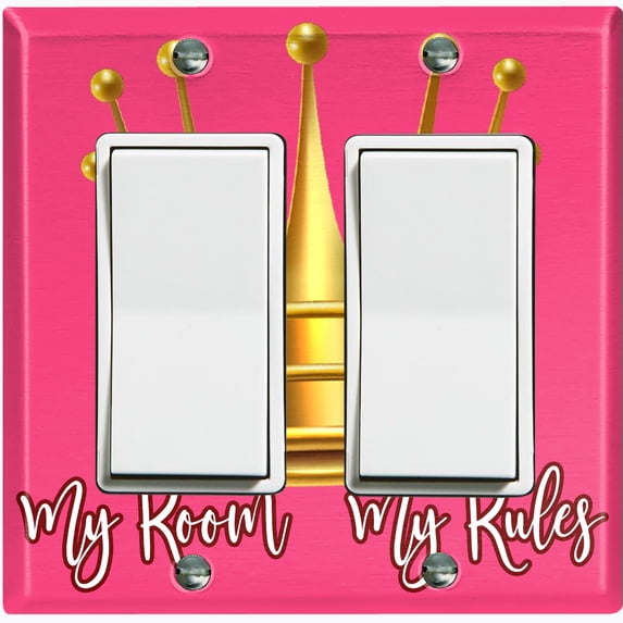 Metal Light Switch Wall Plate Outlet Cover (My Room My Rules Crown Pink Tilted - Double Rocker)