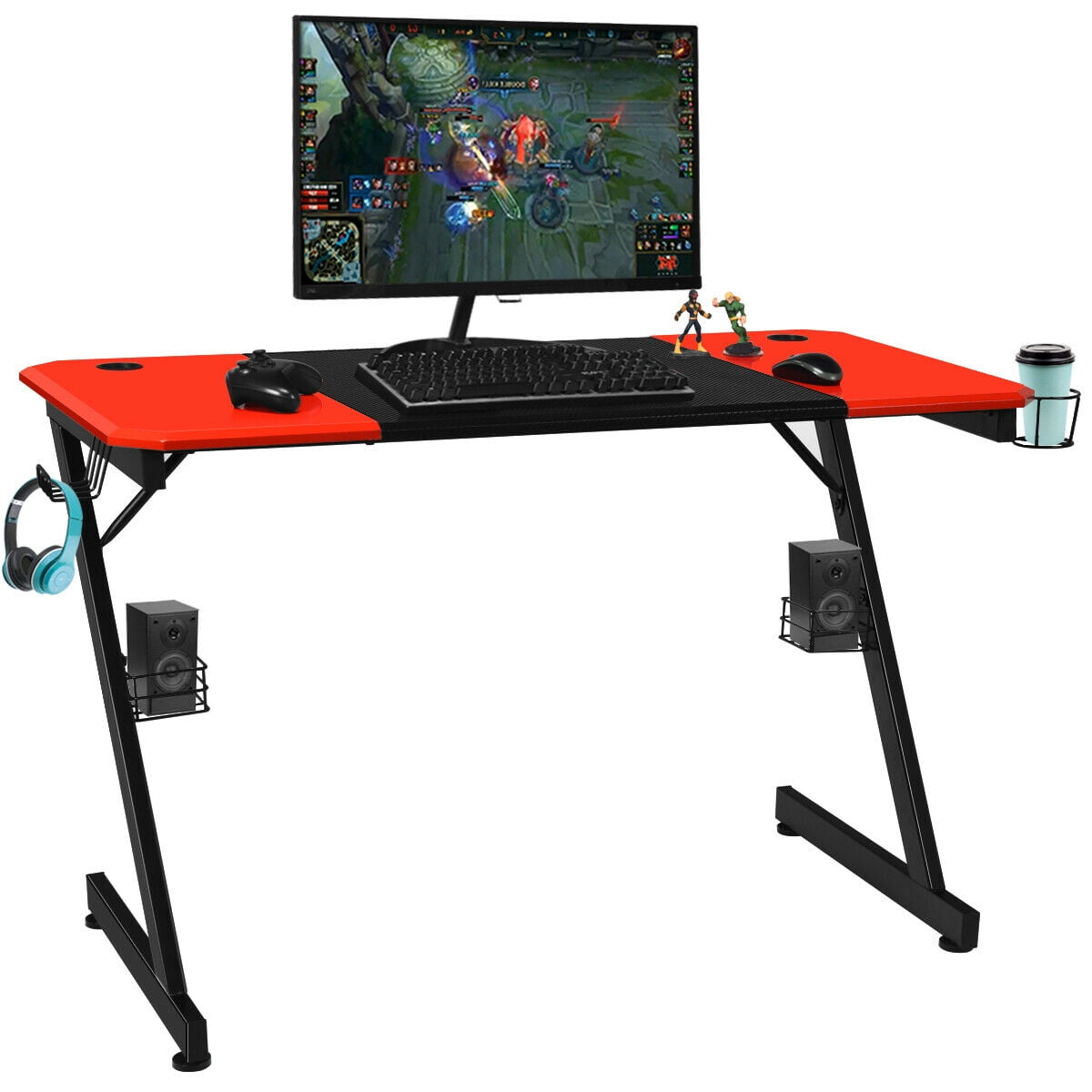 Cable Management Home Office Gamer Table Workstation with Cup Holder Carbon Fiber Surface Headphone Hook HOMCOM 47 inch Gaming Computer Desk 