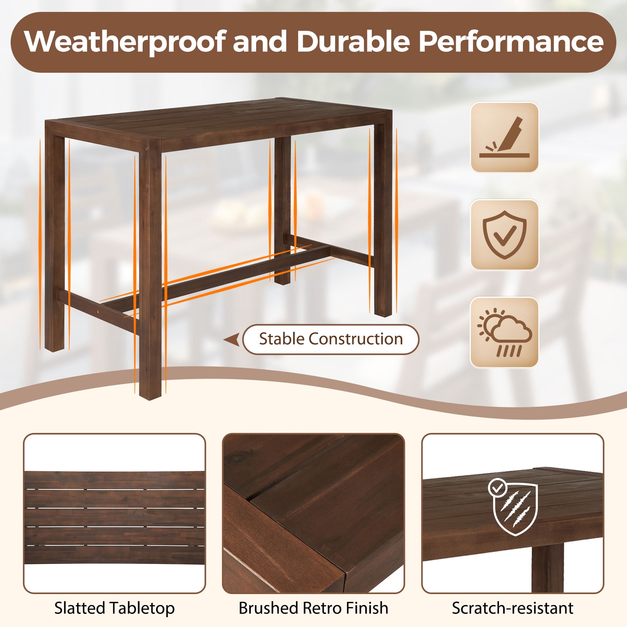 MAYEERTY 5-Piece Rustic Patio Bar Set, Outdoor Table and Chairs Set with Ergonomic Chairs, for Poolside, Balcony, Backyard, Porch