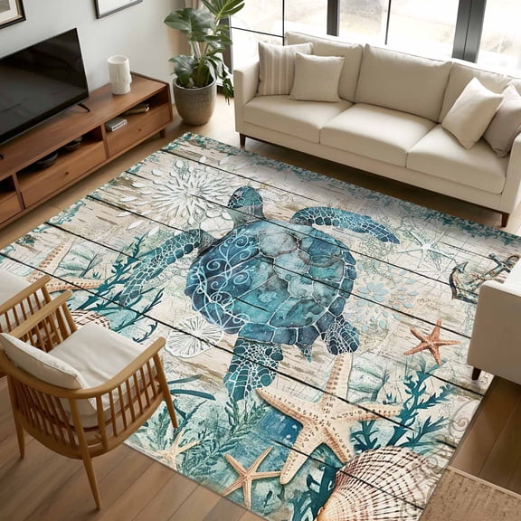 8x10 Area Rugs Teal Sea Turtle Coastal Non-Skid Rubber Backing Large Rectangle Rugs - Living Room Bedroom Home Office, Summer Beach Nautical Starfish Retro Indoor Floor Mat Carpets Washable Rug