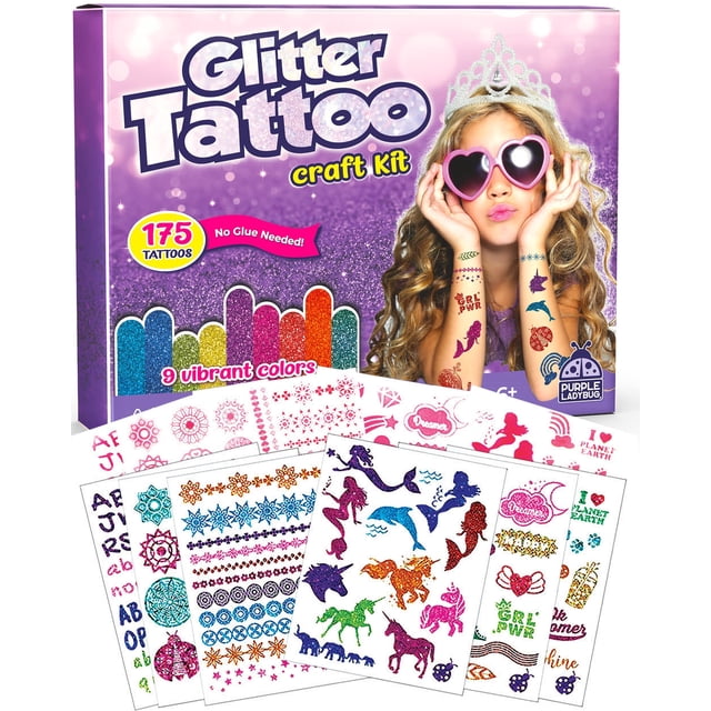 Kit de tatuaje temporal con purpurina, mariquita morada, con 175 tatuajes