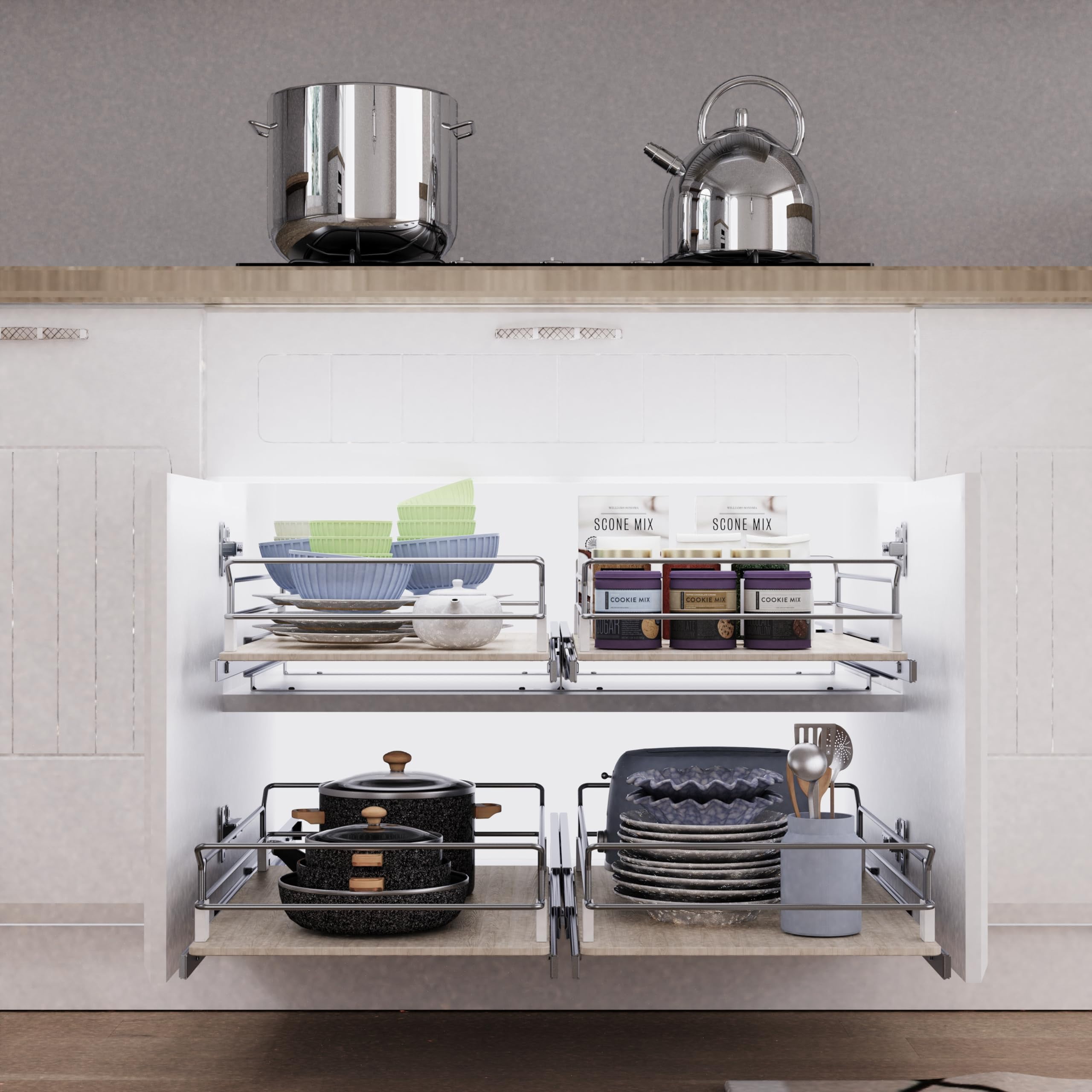 STORKING Pull Out Cabinet Organizer 11" W x 22" D, Slide Out Drawers For Kitchen Organizers and Storage, Drawers For Cabinets Capacity Heavy Duty Caddy, Cabinet Shelves Wood Chrome, Pantry Storage