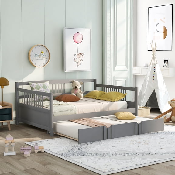 Pinovk Full Size Daybed Wood Bed with Twin Size Trundle,Gray