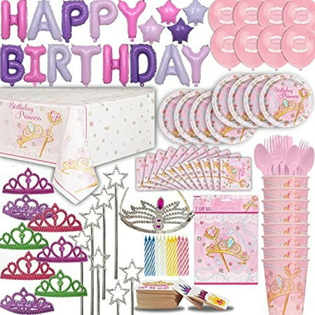 - Princess Birthday Party for 16. 100+ Items: Plates, Cups, Cutlery, Napkins, Tablecover, Foil Balloon Birthday Banner, Princess Balloons, Tiaras, Wands, Royal Bday Girl Tiara , Bags, Candles, Tattoos