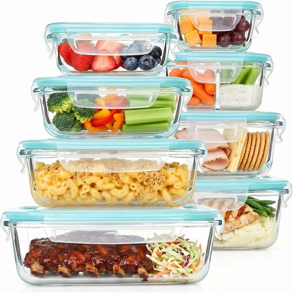 Behome 8 Pack Glass Food Storage Containers with Airtight Lids, BPA Free Glass Meal Prep Containers with Snap Locks, Lunch Containers for Microwave, Oven, Freezer and Dishwasher