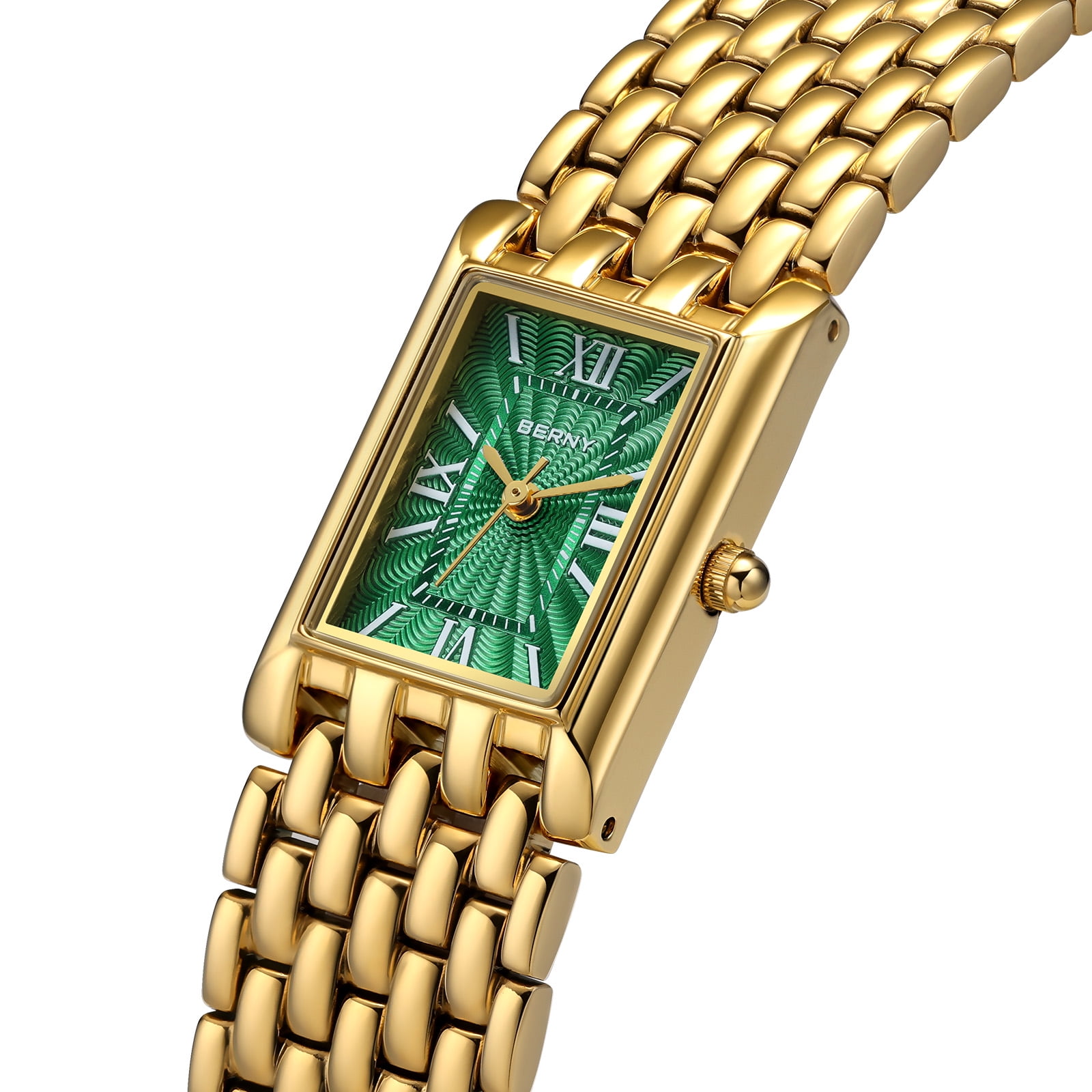 BERNY Small Gold Watches for Women, Luxury Vintage Rectangular Case Roman Dial, Dainty Stainless Steel Bracelet Watch, Adjustment Tool Included, Waterproof, Womens Gold Watch Gifts (Green)