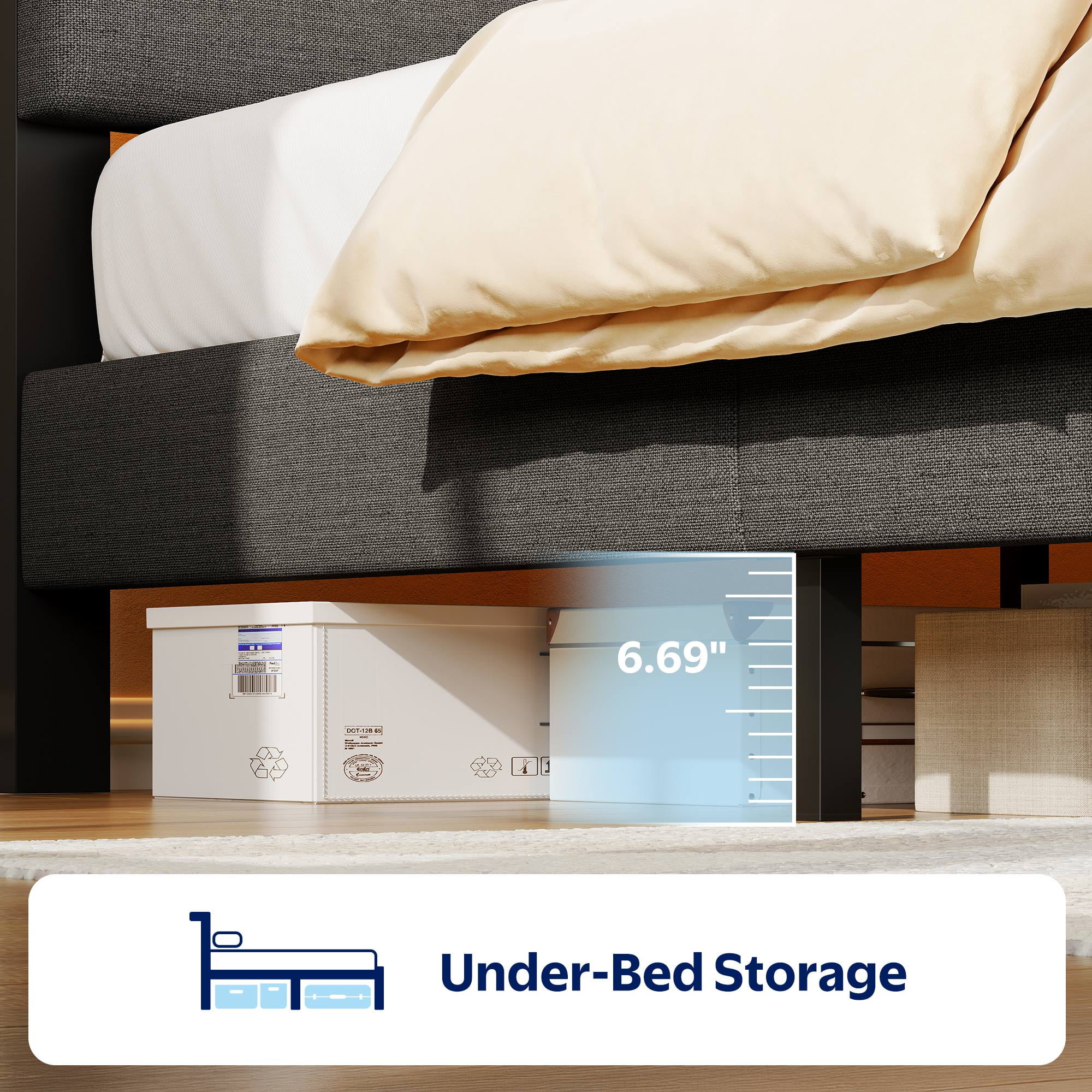 Greenstell Twin Size Bed Frame with Upholstered Storage Headboard and LED Light, Bed Platform with Charging Station, USB Ports, Under-bed Storage, Dark Gray