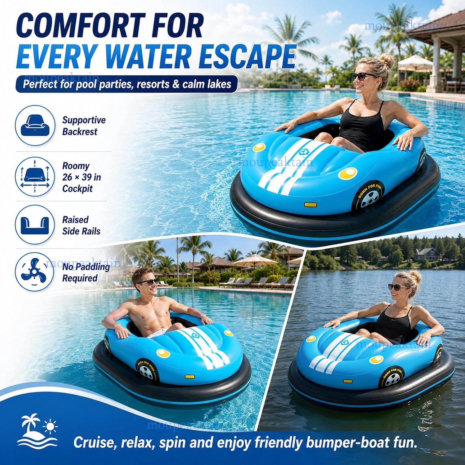 Inflatable Motorized Bumper Boats for Pool, Bumper Float with 46W Thruster, 360° Joystick Control, Equipped with 2 Rechargeable Batteries
