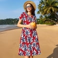 thumbnail image 4 of Salouo Palm Tree Pattern on Red for Women's Short Sleeve Summer Dress, Pleated Loose Swing Knee Length Dresses with Pockets, 4 of 6