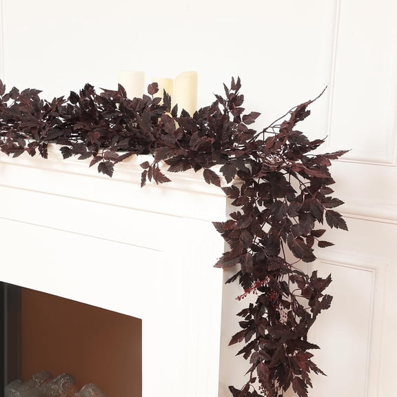 Guvpev 2Pcs Fall Garland for Mantel, 6FT Plum Cimicifuga Seeded Garland, Autumn Leaves Garlands, Artificial Cimicifuga Ramose Plant Leaf Garlands, Thanksgiving & Halloween Indoor Outdoor Fall Decor