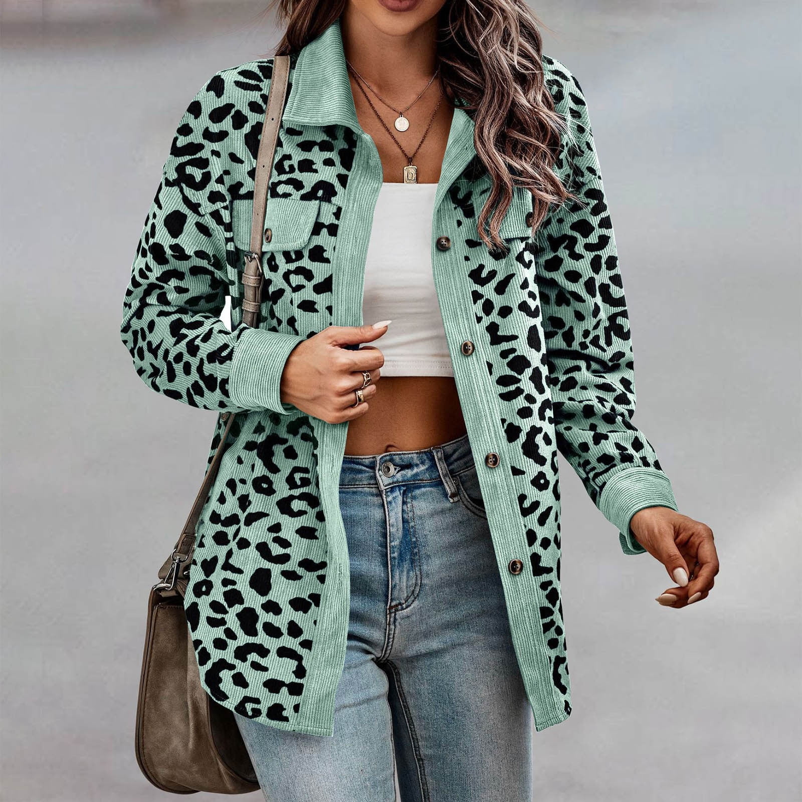Olyvenn Womens Plus Size Long Sleeve Hoodless Casual Outwear Coats Women's  New Leopard Print Button Long Sleeve Jacket Shirt Coat Green 10 
