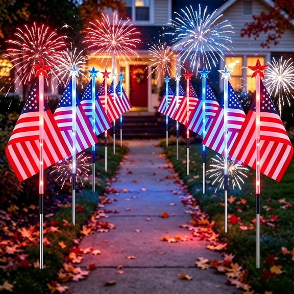 Fuebueo Solar Lights Outdoor, 3PC 27.56 Inch American Flag Garden Solar Lights with Illuminated Star, Waterproof Solar Path Lights for Independence Day and Memorial Day Decor