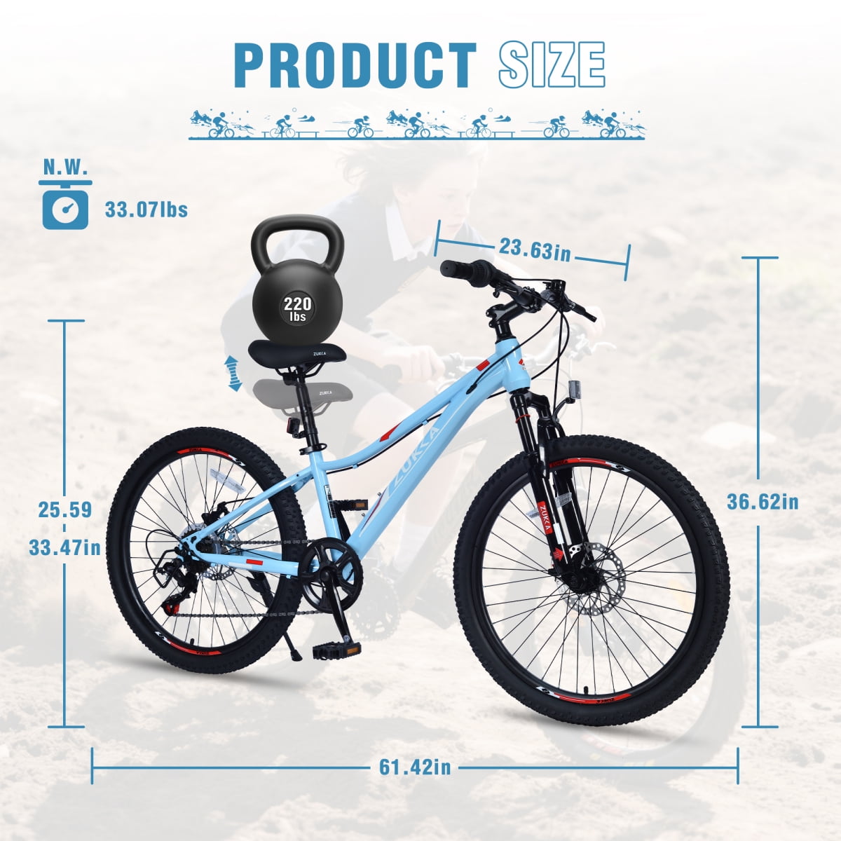 LuckyNote 24 Inch 6-Speed Mountain Bike, Steel Frame, Front & Rear Disc Brakes, Suspension Fork, Blue