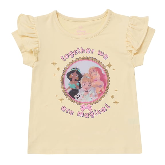 Disney Princess Shirts for Girls Ruffle Sleeve T-Shirt with Interactive Lenticular Patch Gift for Toddler (Yellow, 2T)