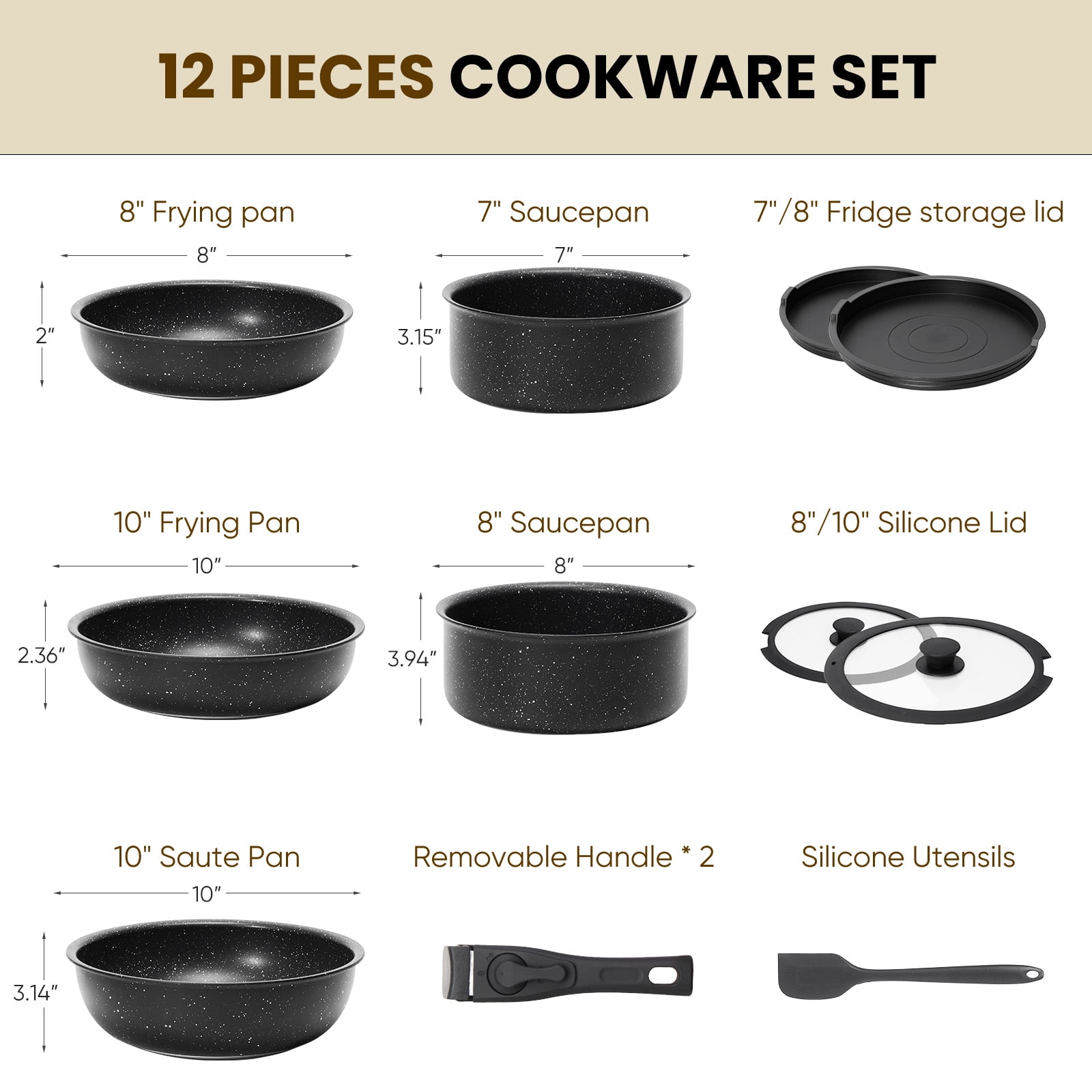 JOINSUN 12 Pcs Pots and Pans Set Nonstick - Stackable Cookware Sets with Detachable Handle, Black