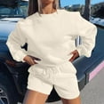 thumbnail image 1 of Tenues à Capuche Deux Pièces pour Femmes 2023 Couleur Unie Mode Blouse Col Rond Manches Longues Hauts Courts Chandail en Molleton Shorts Ensemble Décontracté en Solde, 1 of 7