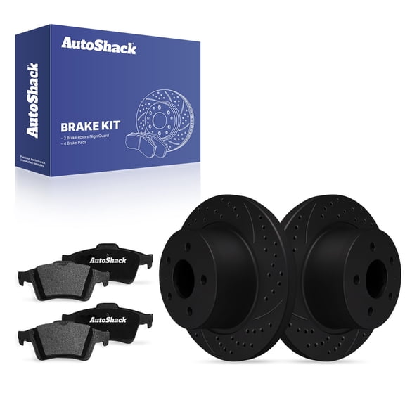 AutoShack Rear Solid Drilled & Slotted E-Coated Brake Rotors Black Finish   Ceramic Pads 6-PC Brake Kit Replacement for 2013-2016 Ford Escape 2014-2018 Ford Transit Connect NightGuard 11.02" (280 mm)