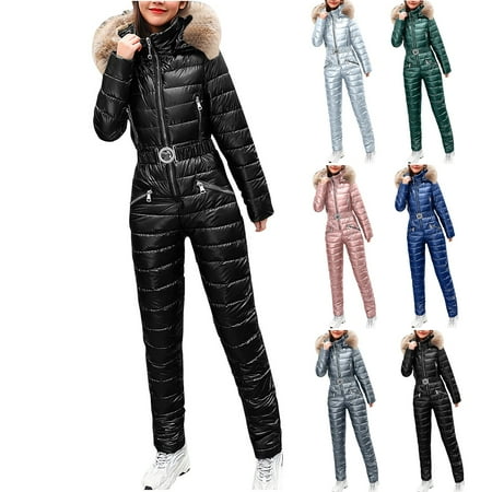 DUMUIELD Women s Ski Suit One Piece Jumpsuits Waterproof Snowsuits Winter Snow Snowboarding Suits Faux Fur Collar Puffy Coat Jumpsuit