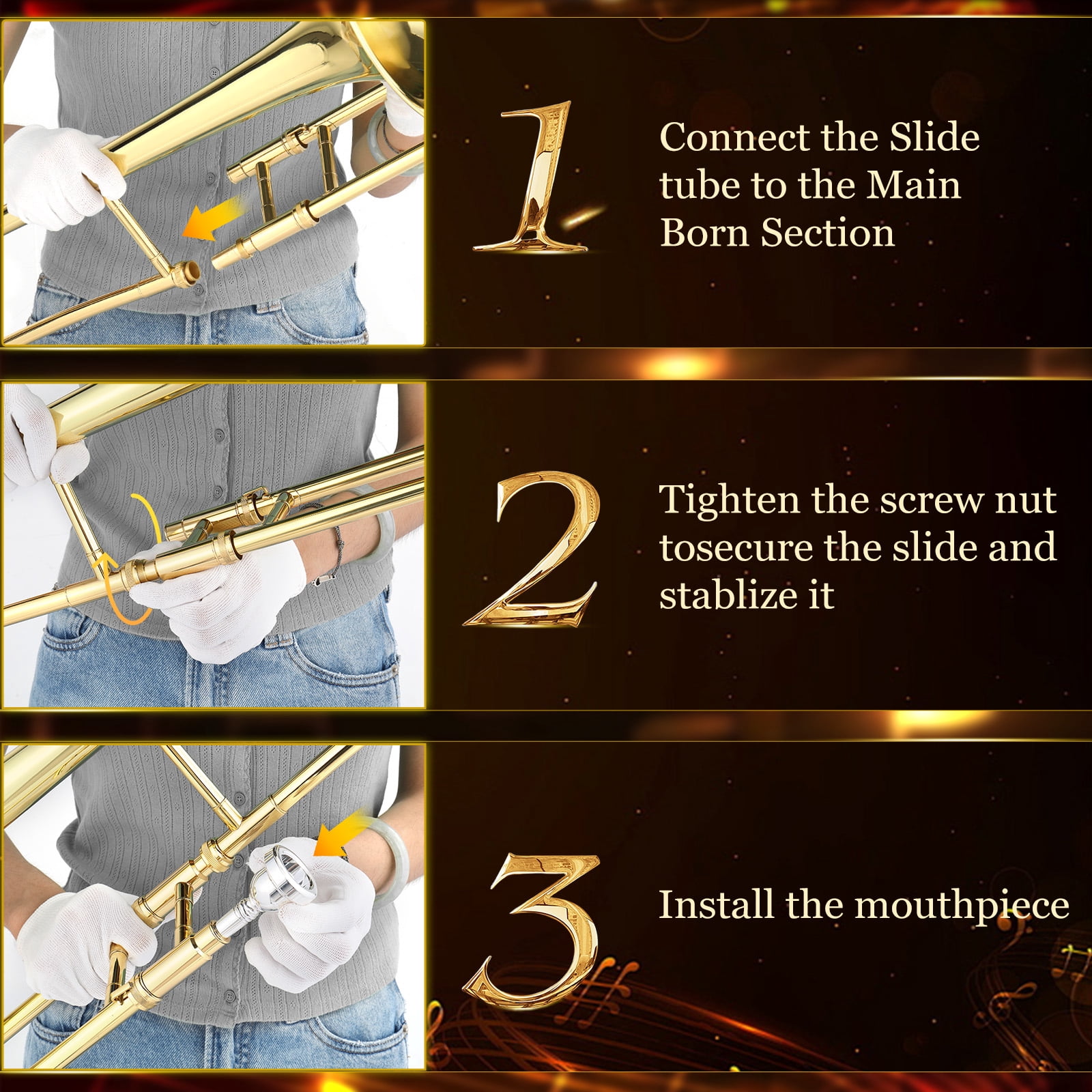 Ktaxon Bb Tenor Slide Trombone for Beginners Students, B Flat Brass Plated Trombone Instrument with Mouthpiece, White Gloves, Golden