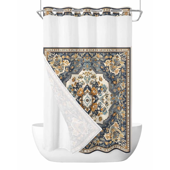 No Hook Shower Curtains with Snap in Liner, Orange Blue Boho Waterproof Fabric Shower Curtain, Southwestern Geometric Vintage Ethnic Double Layers & See-Through Top Window Bathroom Curtains 36''x72''