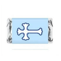 60 Blue Baptism Mini Candy Bar Wrapper, Miniatures Candy Bar Stickers Cross for Christening, Communion, Birthday or Baby Shower Decorations Theme, Made in USA,